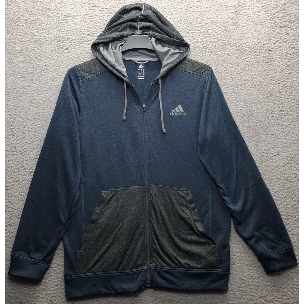 Adidas Hoodie Mens L Blue Fleece Lined Climawarm Athletic Long Sleeve Full Zip